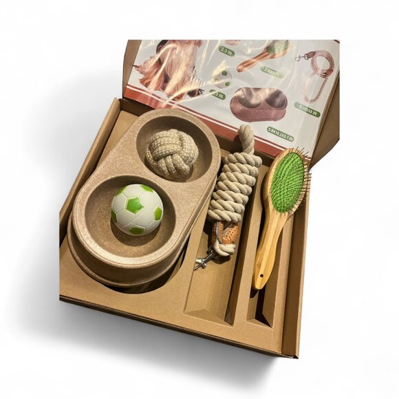 ECO FRIENDLY DOG KIT New In Box Bamboo Brush Cotton Leash Dog Bowl Cotton Ball - Picture 1 of 6